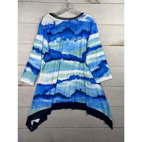 INDIGO SOUL Tunic Top XL Blue Watercolor Stretch Trim Sharkbite Hem 3/4 Sleeve - Picture 7 of 7